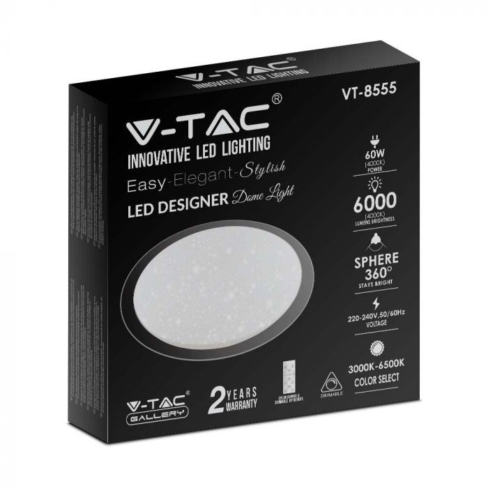 SUPERAKCIJA_60W(6000Lm)  LED V-TAC dizaina apaļš kupola gaismeklis ar tālvadības pulti, IP20, balts, zvaigžņots, dimmējams, 3/1
