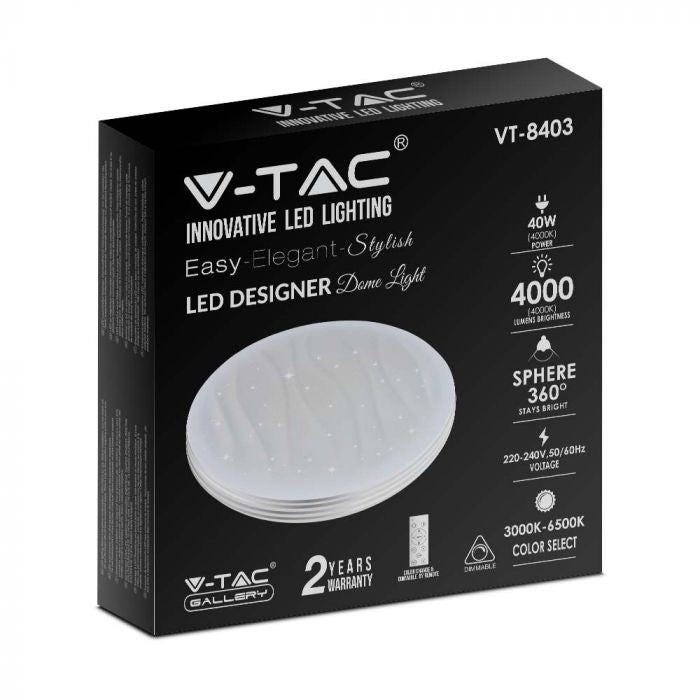 40W(4000Lm) LED V-TAC design rund kupolarmatur med fjärrkontroll, IP20, vit, dimbar, 3/1