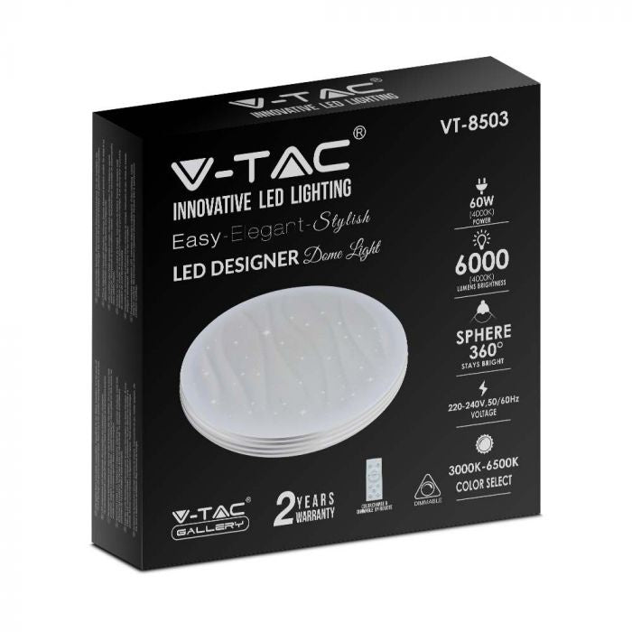 60W(6000Lm) LED V-TAC design rund kupolarmatur med fjärrkontroll, IP20, vit, dimbar, 3/1