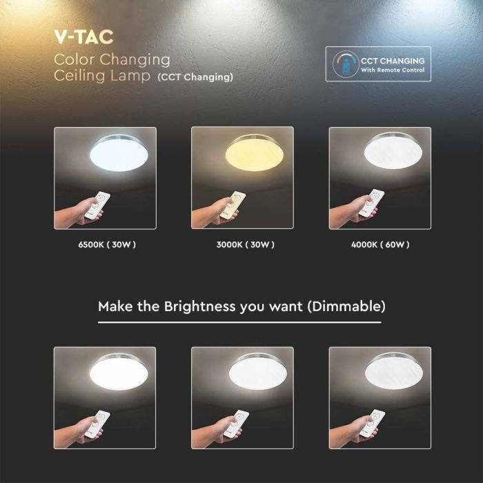60W(6000Lm) LED V-TAC design rund kupolarmatur med fjärrkontroll, IP20, vit, dimbar, 3/1