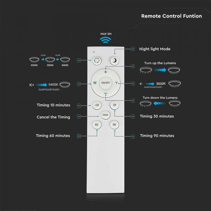 60W(6000Lm) LED V-TAC design round dome light with remote control, IP20, white, dimmable, 3/1