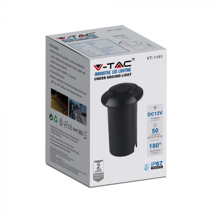 1W(50Lm) 12V LED-trädgårdsarmatur, IP67, V-TAC, svart, varmvitt ljus 3000K