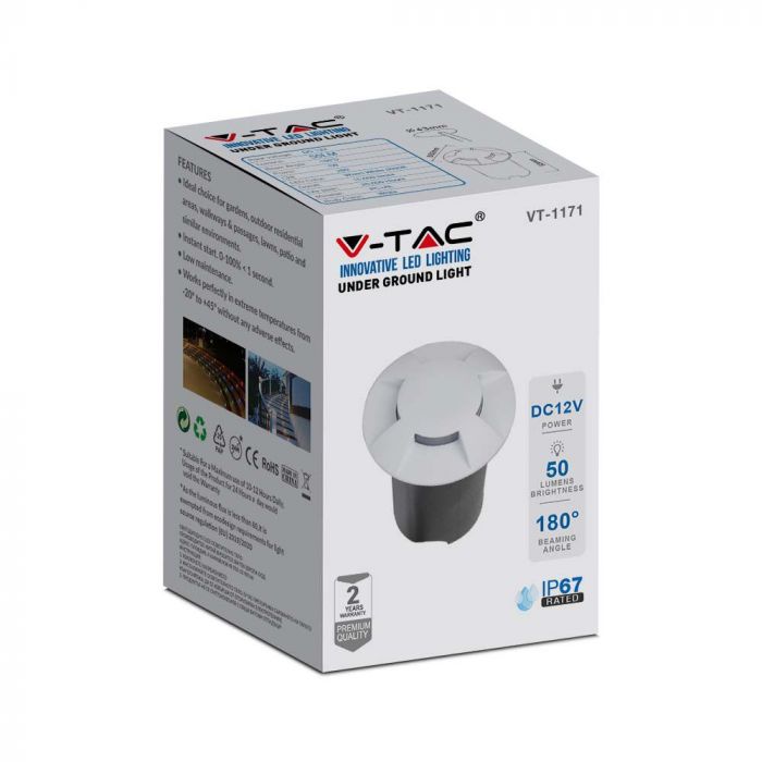 1W(50Lm) 12V LED aialamp, IP67, V-TAC, valge, soe valge valgus 3000K