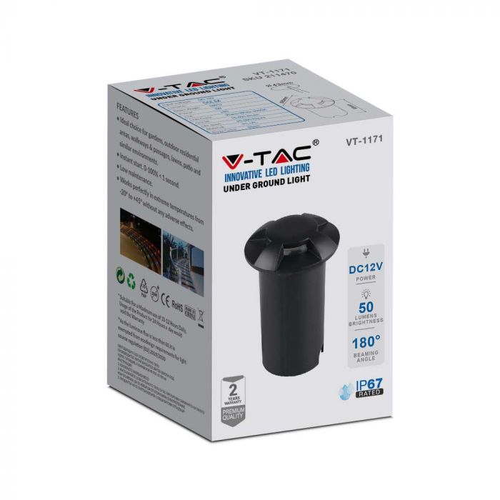 1W(50Lm) 12V LED-trädgårdslampa, IP67, V-TAC, svart, kallvit 6400K