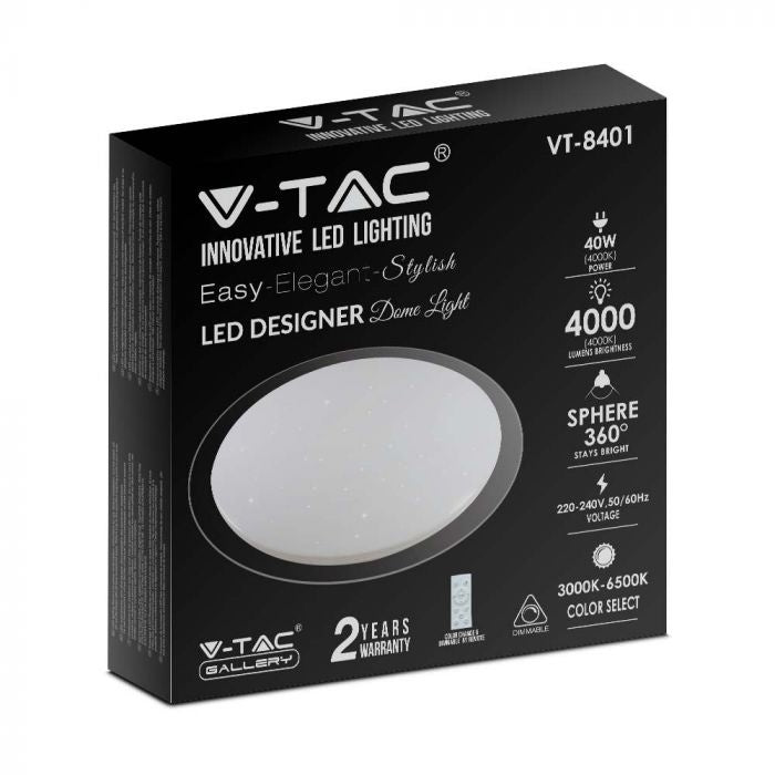 40W (4000Lm) LED V-TAC disainiga ümmargune kuppelvalgusti, puldiga, IP20, valge, timmitav, 3/1