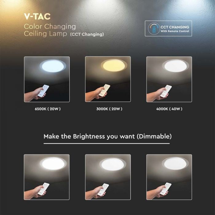 40W(4000Lm) LED V-TAC design rund kupolarmatur med fjärrkontroll, IP20, vit, dimbar, 3/1