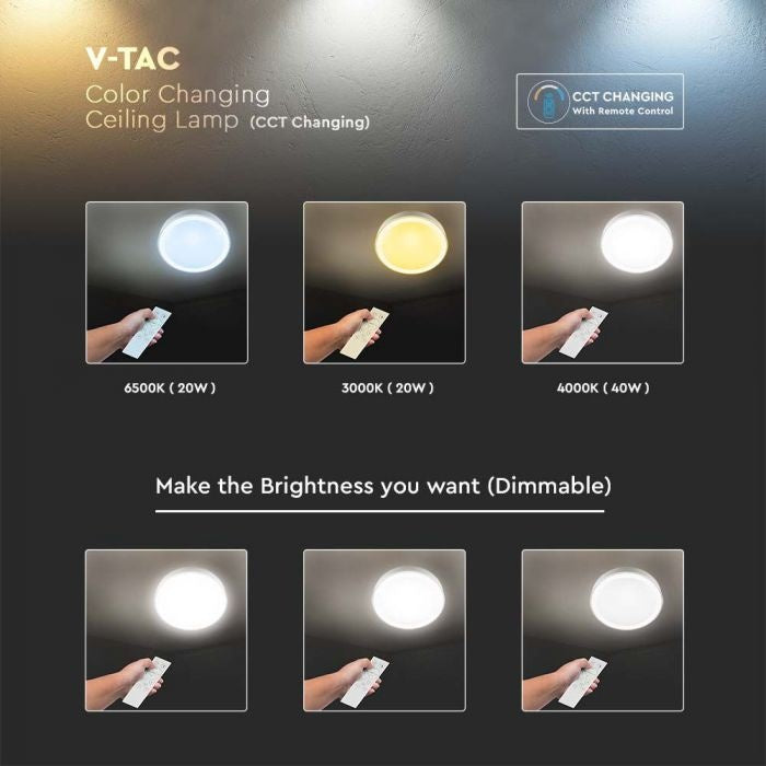 40W(4000Lm) LED V-TAC design rund kupolarmatur med fjärrkontroll, IP20, vit, dimbar, 3/1