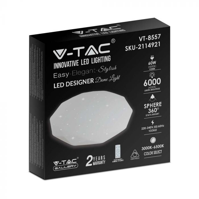 60W(6000Lm) LED V-TAC design rund kupolarmatur med fjärrkontroll, IP20, vit, dimbar, 3/1