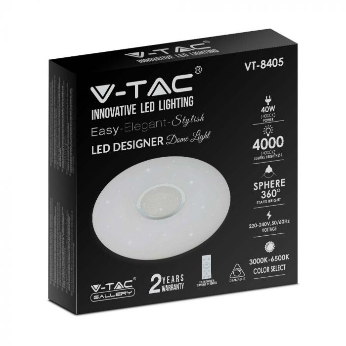 40W(4000Lm) LED V-TAC design rund kupolarmatur med fjärrkontroll, IP20, vit, dimbar, 3/1