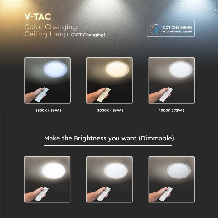 72W(7200Lm) LED V-TAC design rund kupolarmatur med fjärrkontroll, IP20, vit, dimbar, 3/1, 670x80mm