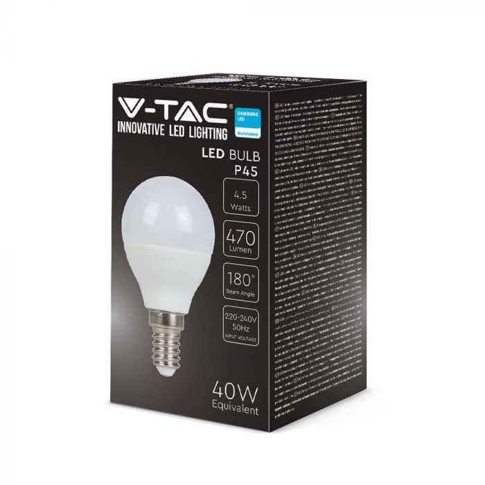 E14 4,5W (470Lm) LED-lampa, V-TAC SAMSUNG, IP20, 5 års garanti, P45, varmvitt ljus 3000K