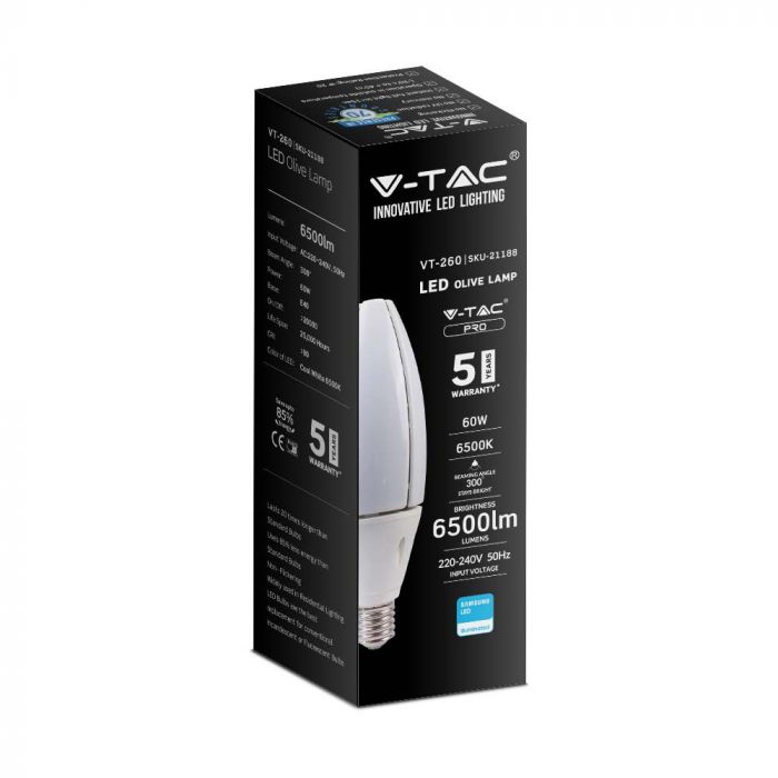 E40 60W(6500Lm) LED OLIVE Bulb, V-TAC SAMSUNG CHIP, warranty 5 years, cold white light 6500K