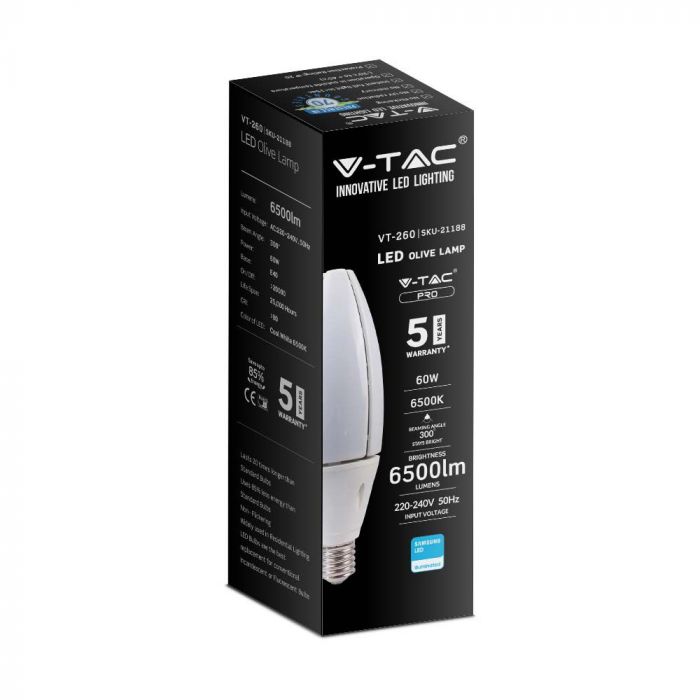 E40 60W(6500Lm) LED OLIVE Glödlampa, V-TAC SAMSUNG CHIP, 5 års garanti, neutralvit 4000K