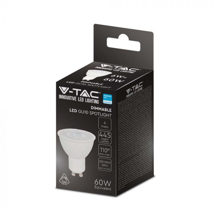 GU10 6W(445Lm) LED Spuldze, V-TAC SAMSUNG, IP20, dimmējama, neitrāli balta gaisma 4000K