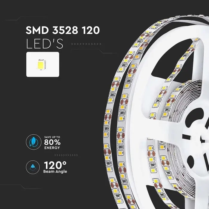 Pris per 1m_8W/m(800Lm/m) 0.66A/m 120 LED Tape, V-TAC, vattentät IP20, 12V, kallvitt ljus 6500K