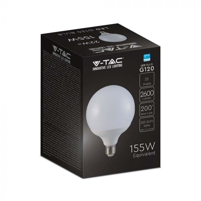 E27 22W(2600Lm) LED Spuldze, V-TAC SAMSUNG, IP20, G120, auksti balta gaisma 6500K