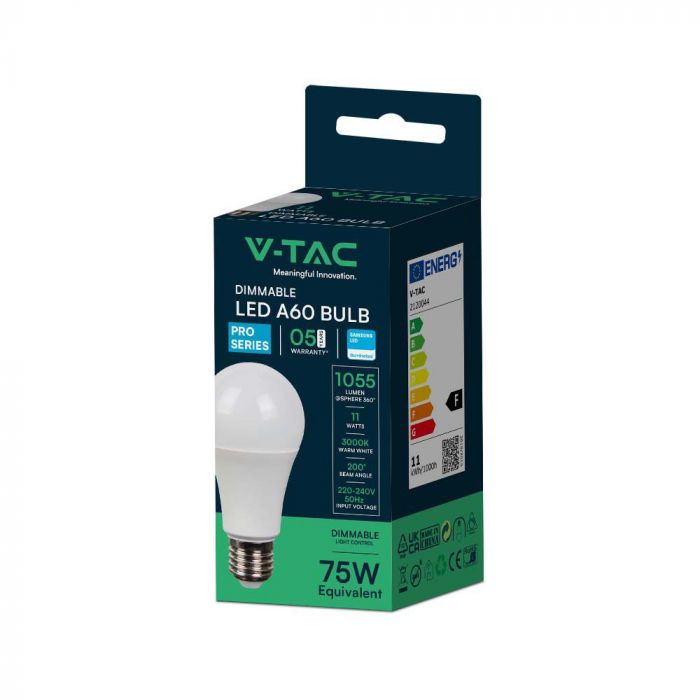 11W(1055Lm) LED Bulb V-TAC SAMSUNG, IP20, guaranteed for 5 years, dimmable, warm white light 3000K