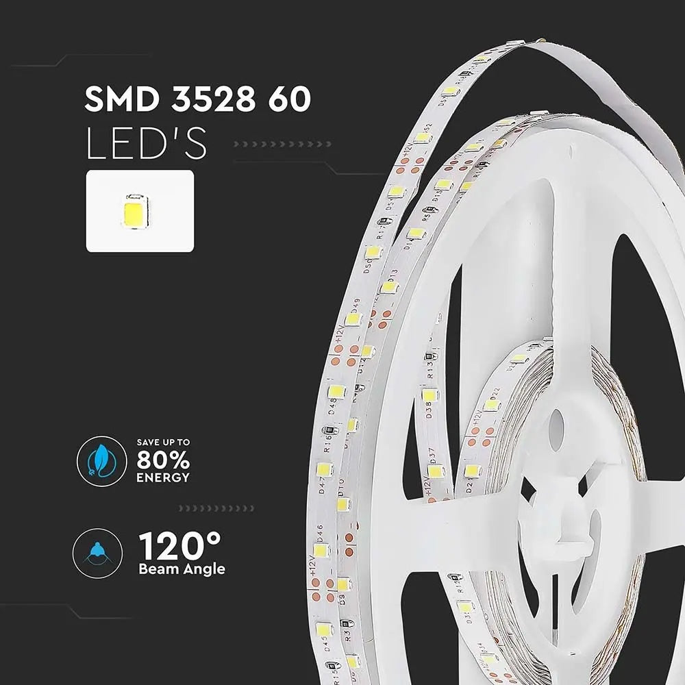 Cena par 1m_4.2W/m (420Lm/m) 0.35A/m 60 LED lente, V-TAC, ūdensnedroša IP20, 12V, auksti balra gaisma 6500K