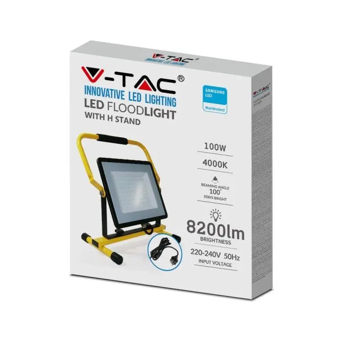 100W(8200Lm) LED prožektors ar statīvu, V-TAC SAMSUNG, IP65, melns/dzeltens, neitrāli balta gaisma 4000K