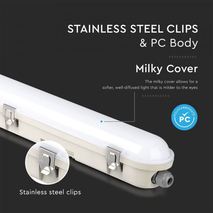 48W(5760Lm) V-TAC SAMSUNG Linear light, IP65, 150cm, with emergency battery, milk color, without plug (cable connection), neutral white light 4000K