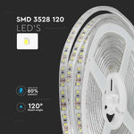 Cena par 5m_8W/m(800Lm/m) 0.66A/m LED Lente, V-TAC, ūdensdroša IP65, 12V, auksti balta gaisma 6500K