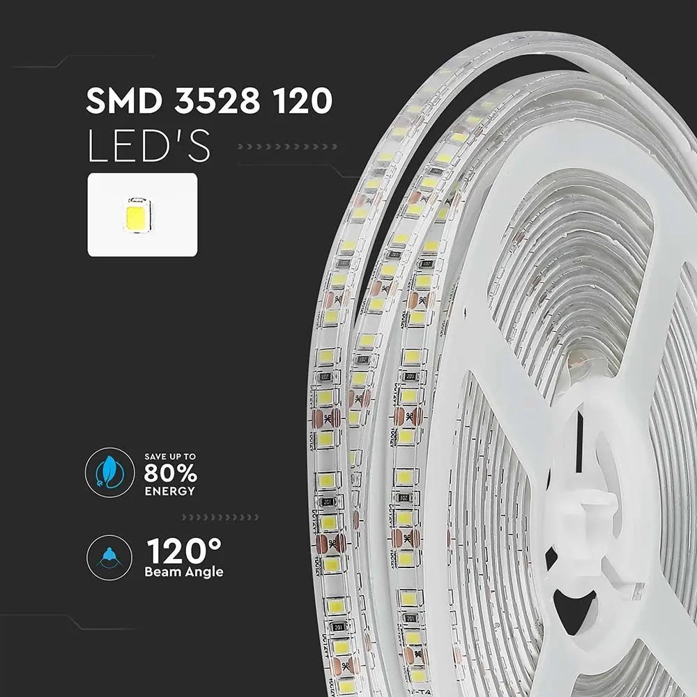 Cena par 5m_8W/m(800Lm/m) 0.66A/m LED Lente, V-TAC, ūdensdroša IP65, 12V, silti balta gaisma 3000K