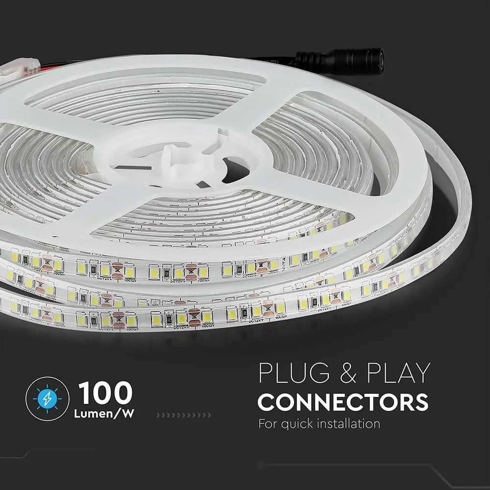 Cena par 5m_8W/m(800Lm/m) 0.66A/m LED Lente, V-TAC, ūdensdroša IP65, 12V, silti balta gaisma 3000K