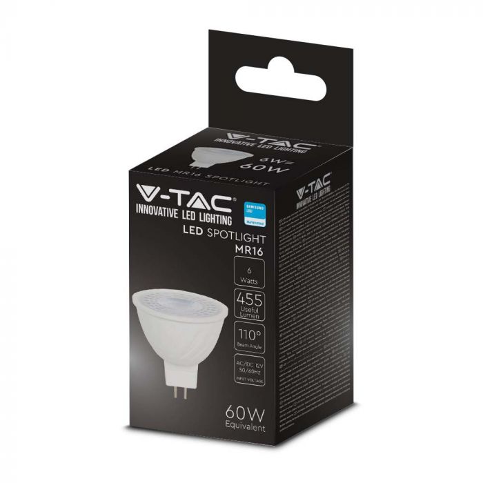 GU5.3 6W(455Lm) 12V, 110° LED лампа V-TAC SAMSUNG, MR16, IP20, 5 лет гарантии, 3000K яркий белый свет