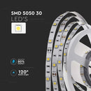 Pris per 1m_6W/m(500Lm/m) 0,5A/m 30 LED Tape, V-TAC, vattentät IP20, 12V, kallvitt ljus 6500K