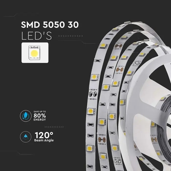 Price for 1m_6W/m(500Lm/m) 0.5A/m 30 LED Tape, V-TAC, waterproof IP20, 12V, cold white light 6500K