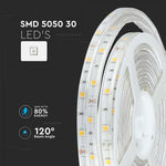 Cena par 5m_6W/m(500Lm/m) 30 LED lente, 12V, V-TAC, IP65, silti balta gaisma 3000K