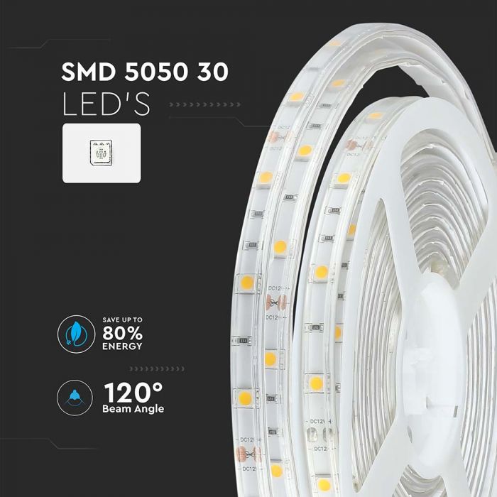 Cena par 5m_6W/m(500Lm/m) 30 LED lente, 12V, V-TAC, IP65, silti balta gaisma 3000K