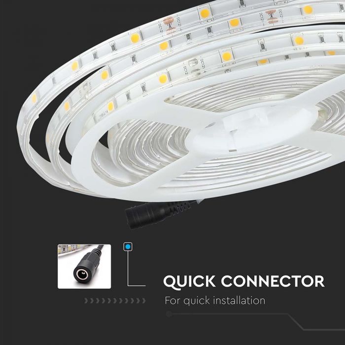 Cena par 5m_6W/m(500Lm/m) 30 LED lente, 12V, V-TAC, IP65, silti balta gaisma 3000K