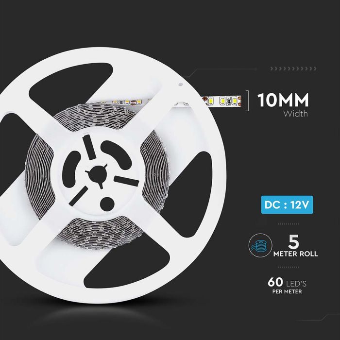 Cena par 5m_11W/m(900Lm/m) 0.9A/m 60 LED Lente, V-TAC, ūdensdroša IP65, 12V, auksti balta gaisma 6400K