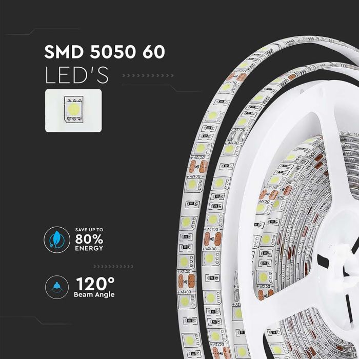 Cena par 5m_11W/m(900Lm/m) 0.9A/m 60 LED Lente, V-TAC, ūdensdroša IP65, 12V, auksti balta gaisma 6400K