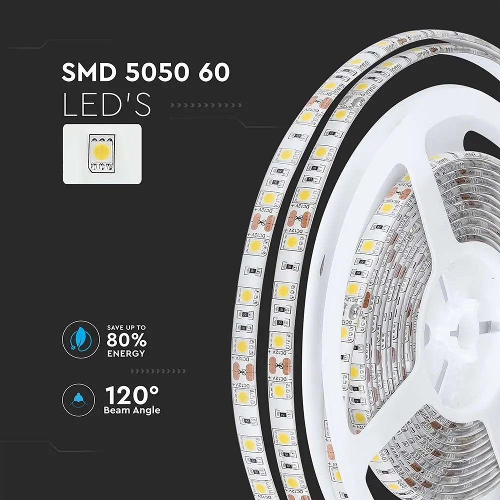 Cena par 5m_11W/m(900Lm/m) 0.9A/m LED Lente, V-TAC, ūdensdroša IP65, 12V, silti balta gaisma 3000K