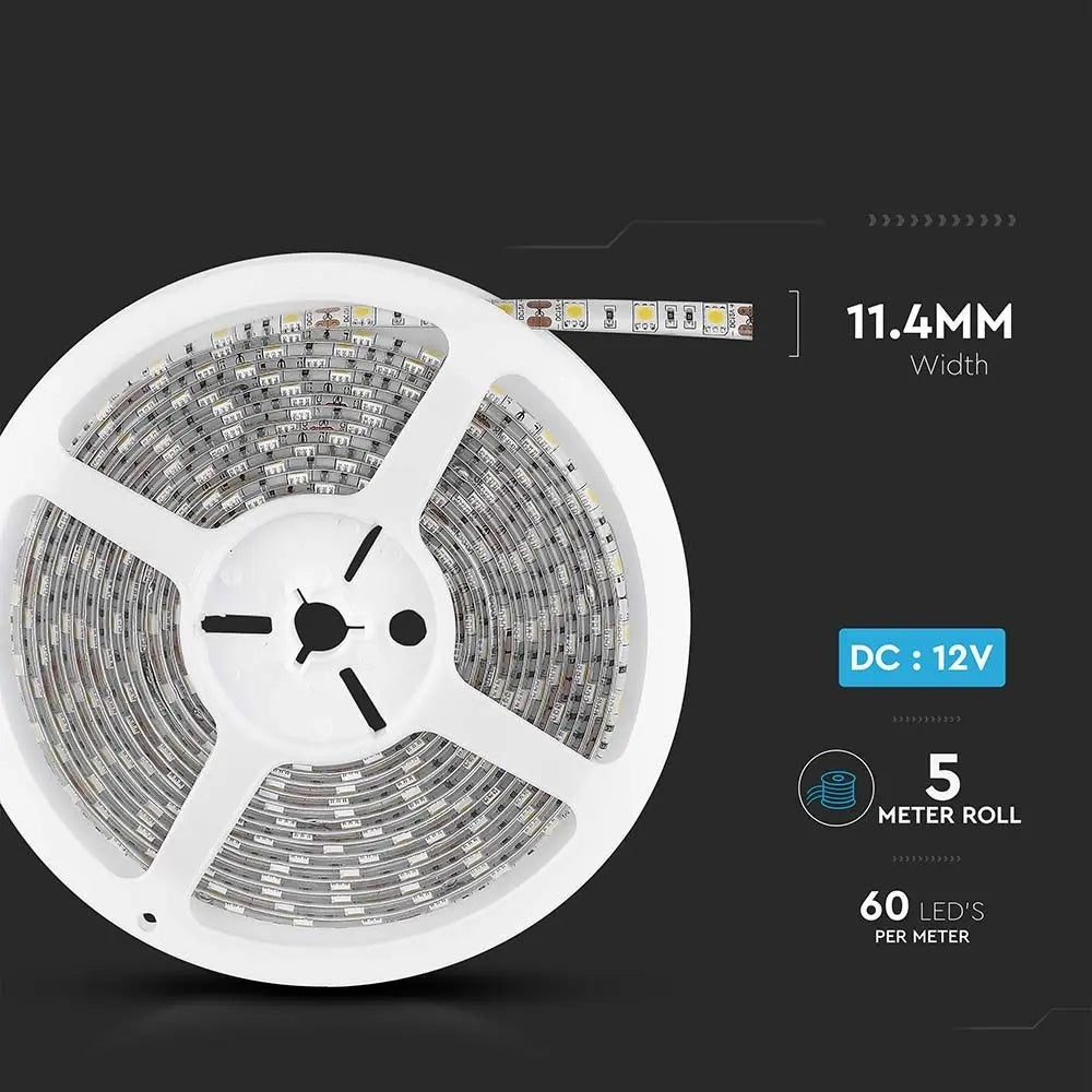 Cena par 5m_11W/m(900Lm/m) 0.9A/m LED Lente, V-TAC, ūdensdroša IP65, 12V, silti balta gaisma 3000K