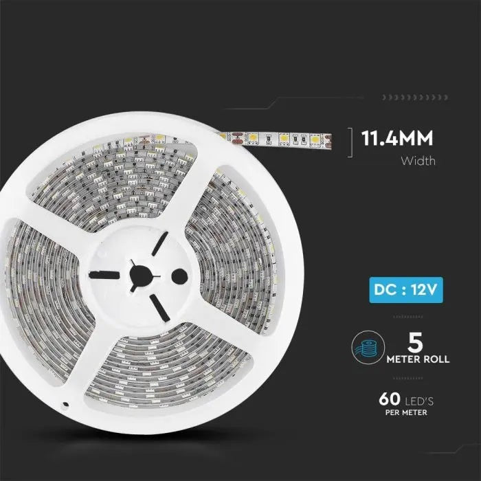 Cena par 5m_11W/m(900Lm/m) 0.9A/m 60 LED Lente, V-TAC, ūdensdroša IP65, 12V, neitrāli balta gaisma 4500K