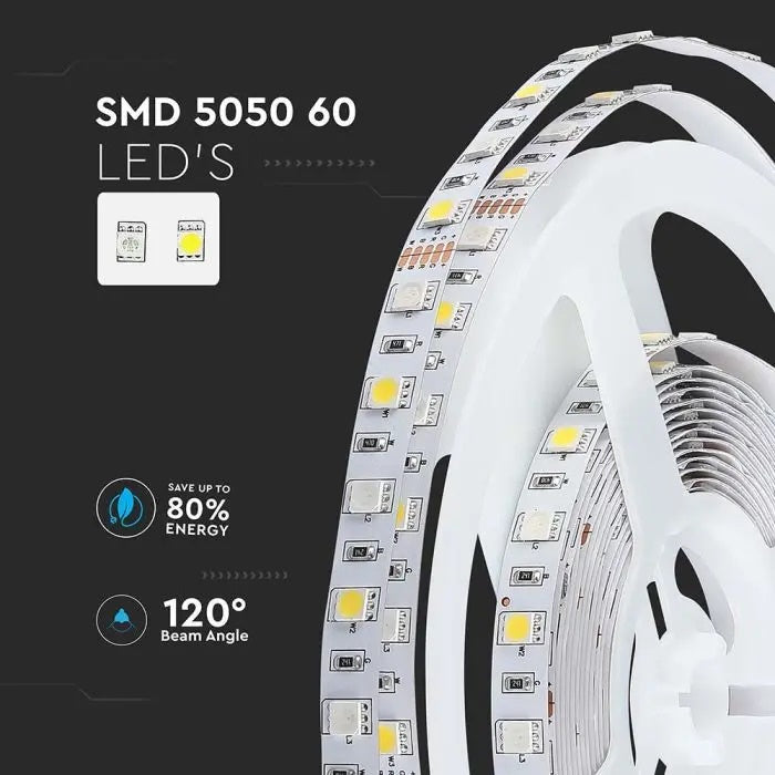 Cena par 1m_8W/m(357Lm/m) 0.66A/m 60 LED Lente, V-TAC, ūdensnedroša IP20, 12V, RGB krāsaina + auksti balta gaisma 6400K