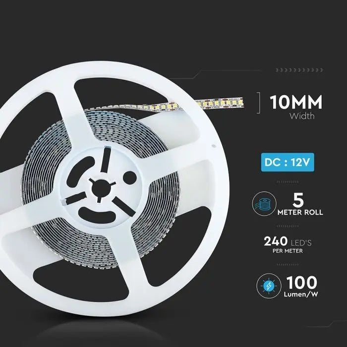 Cena par 1m_20W/m(2000Lm/m) 1.66A/m 240 LED Lente, V-TAC, ūdensnedroša IP20, 12V, auksti balta gaisma 6400K