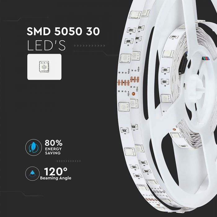 Pris för 1m_4.8W(500Lm) LED-tejp, 30 dioder, vattentät IP20, V-TAC, färgad RGB