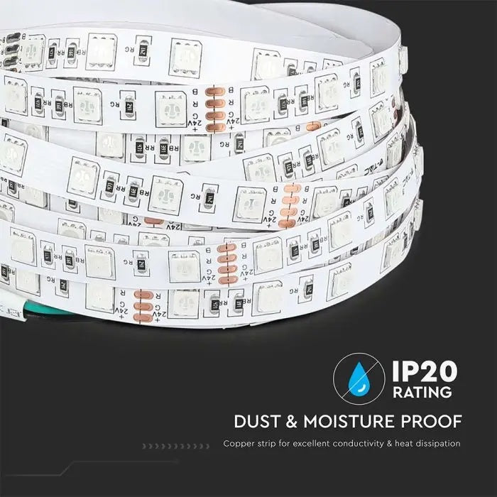 Cena par 1m_10W/m(830Lm/m) 0.42A/m 60 LED Lente, V-TAC, ūdensnedroša IP20, 24V, auksti balta gaisma 6500K