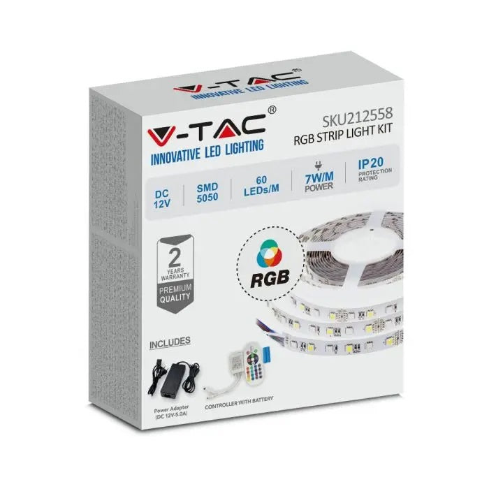 7W LED RGB lentu komplekts (barošanas bloki, vadība, 5m lente), 60 LED SMD 5050, krāsains, V-TAC
