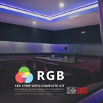 5m komplekts_35W 12V 60 LED RGB krāsainās lentas komplekts (barošanas bloki, vadība, 5m rullis), SMD5050, IP20, V-TAC