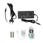 5m komplekts_35W 12V 60 LED RGB krāsainās lentas komplekts (barošanas bloki, vadība, 5m rullis), SMD5050, IP20, V-TAC