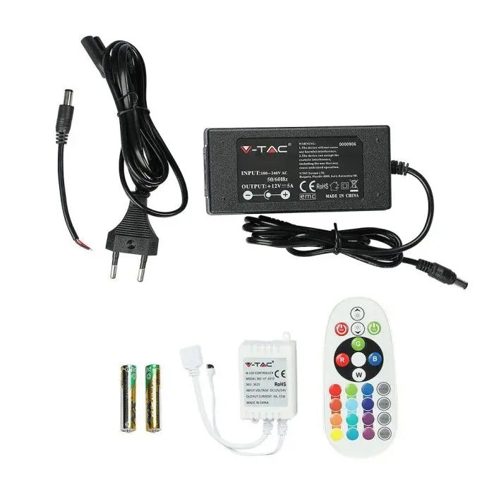 5m komplekts_35W 12V 60 LED RGB krāsainās lentas komplekts (barošanas bloki, vadība, 5m rullis), SMD5050, IP20, V-TAC