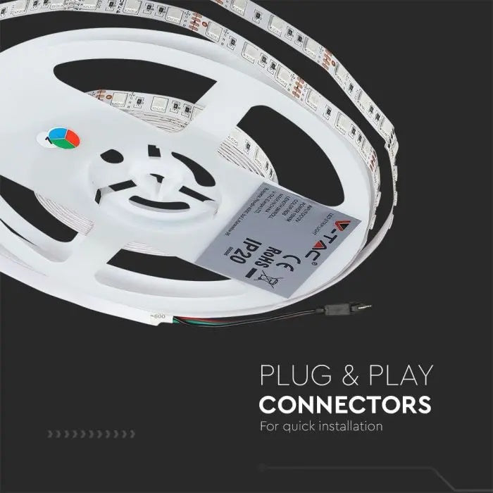 5m komplekts_35W 12V 60 LED RGB krāsainās lentas komplekts (barošanas bloki, vadība, 5m rullis), SMD5050, IP20, V-TAC