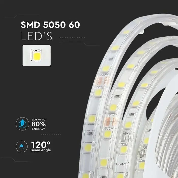 Cena par 5m_10W/m(830Lm/m) 0.42A/m 60 LED Lente, V-TAC, ūdensdroša IP65, 24V, neitrāli balta gaisma 4000K