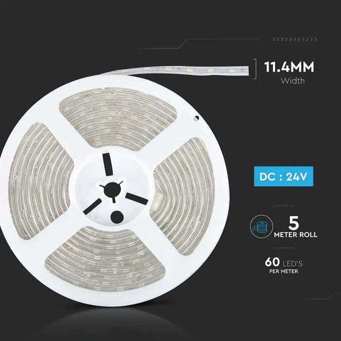 Cena par 5m_10W/m(830Lm/m) 0.42A/m 60 LED Lente, V-TAC, ūdensdroša IP65, 24V, neitrāli balta gaisma 4000K