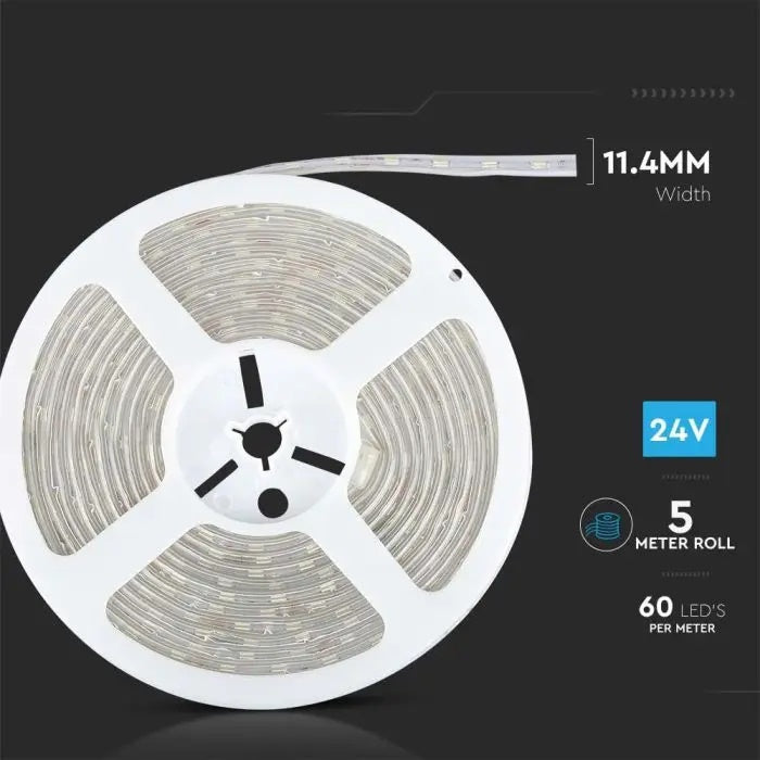 Cena par 5m_10W/m(830Lm/m) 0.42A/m 60 LED Lente, V-TAC, ūdensdroša IP65, 24V, auksti balta gaisma 6500K